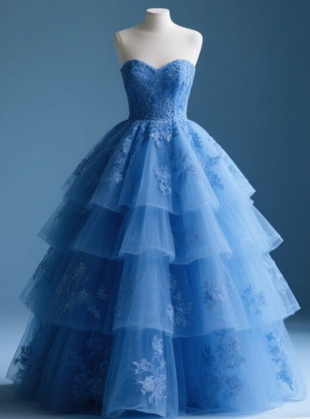 Gorgeous Sweetheart Neck Ball Gown Tulle Applique Long Prom Dresses, Blue Sweet 16 Dress EW055