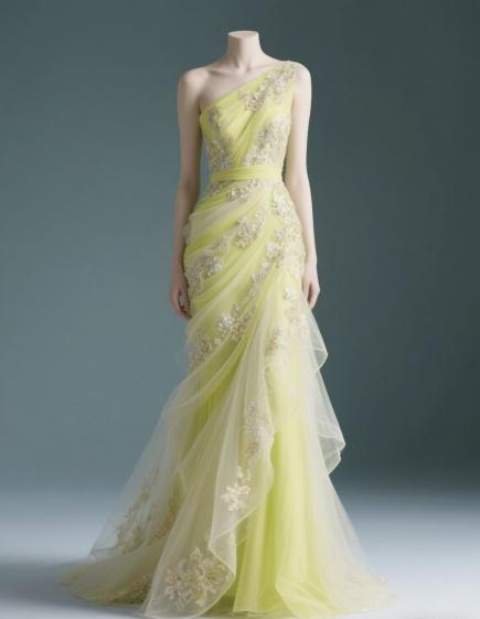 Gorgeous One-shoulder Mermaid Tulle Applique Long Prom Dresses, Yellow Sweet 16 Dress EW056