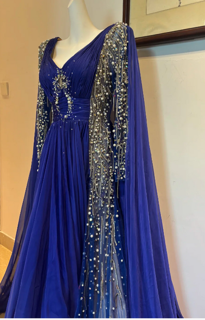 Elegant V-neck Sheath Tulle Long Prom Dresses, Royal Blue Formal Evening Dresses EW057