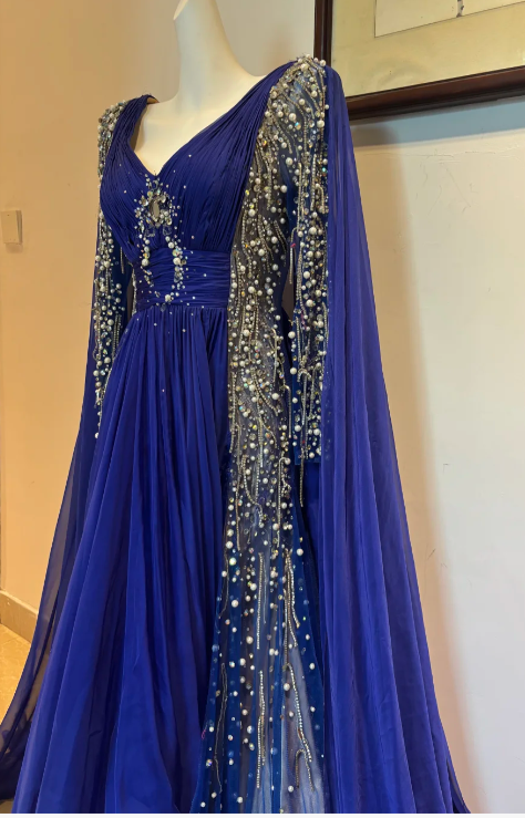Elegant V-neck Sheath Tulle Long Prom Dresses, Royal Blue Formal Evening Dresses EW057