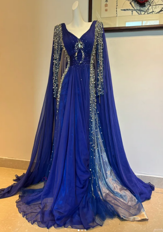 Elegant V-neck Sheath Tulle Long Prom Dresses, Royal Blue Formal Evening Dresses EW057