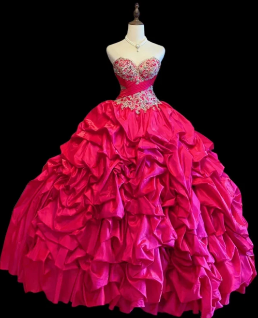 Cute Sweetheart Neck Ball Gown Taffeta Appliqué Long Prom Dresses, Hot Pink Quinceanera Dresses EW058