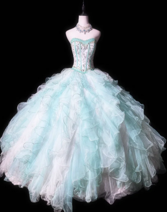 Cute Sweetheart Ball Gown Tulle Long Prom Dresses, Tiffany Blue Quinceanera Dresses EW059