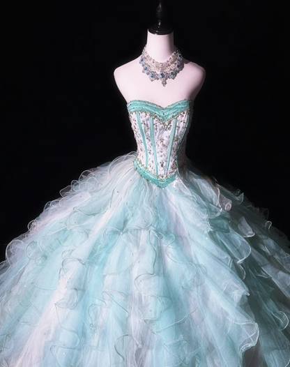 Cute Sweetheart Ball Gown Tulle Long Prom Dresses, Tiffany Blue Quinceanera Dresses EW059
