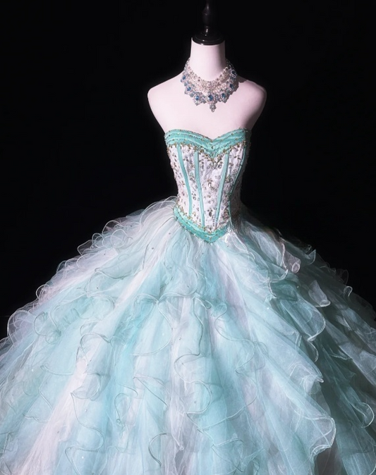 Cute Sweetheart Ball Gown Tulle Long Prom Dresses, Tiffany Blue Quinceanera Dresses EW059
