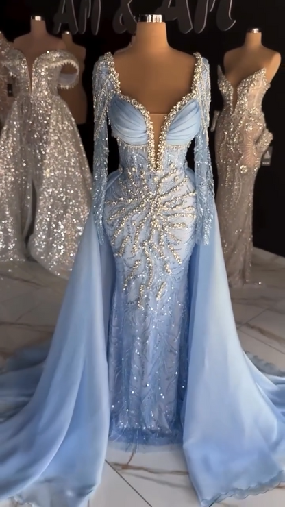 Elegant V-neck Sheath Chiffon Beaded Long Prom Dresses, Pale Blue Formal Evening Dresses EW061