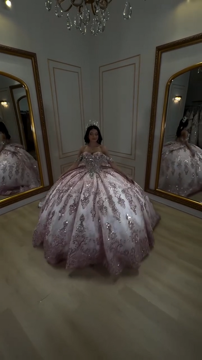 Gorgeous Off-the-shoulder Ball Gown Tulle Sequin Long Prom Dresses, Pink Quinceanera Dresses Sweet 16 Dress EW062