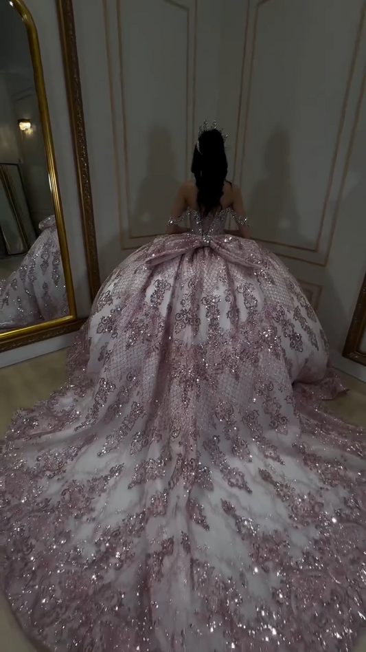 Gorgeous Off-the-shoulder Ball Gown Tulle Sequin Long Prom Dresses, Pink Quinceanera Dresses Sweet 16 Dress EW062