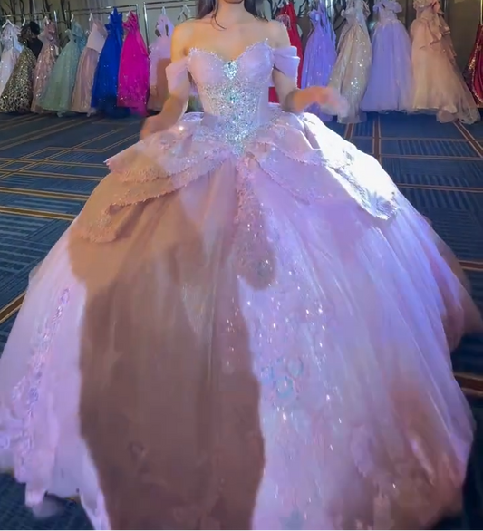 Gorgeous Off-the-shoulder Ball Gown Tulle Beading Long Prom Dresses, Pink Quinceanera Dresses Sweet 16 Dress EW063