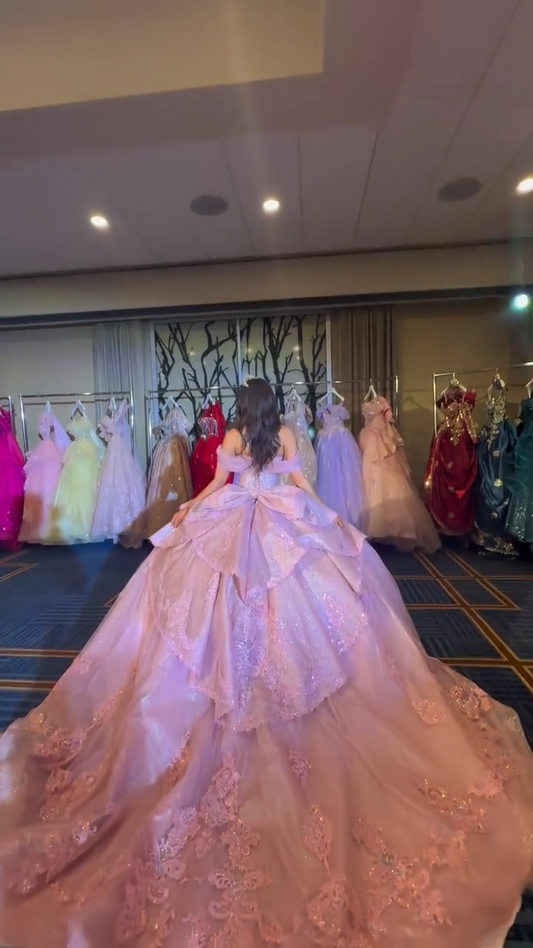 Gorgeous Off-the-shoulder Ball Gown Tulle Beading Long Prom Dresses, Pink Quinceanera Dresses Sweet 16 Dress EW063