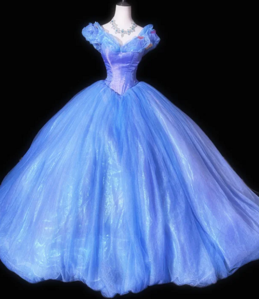 Gorgeous Off-the-Shoulder Ball Gown Tulle Beading Long Prom Dresses, Blue Quinceanera Dresses Sweet 16 Dress EW064