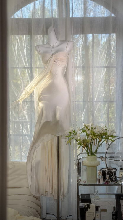 Chic Light Champagne Party Dress Spaghetti Straps Sheath Chiffon Long Evening Dress EW0669
