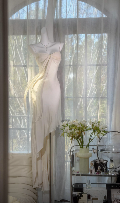 Chic Light Champagne Party Dress Spaghetti Straps Sheath Chiffon Long Evening Dress EW0669