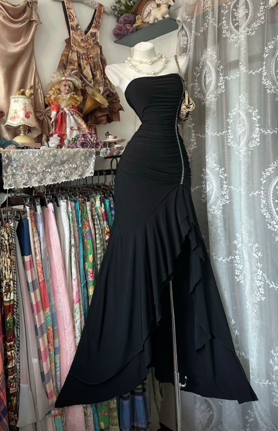 Elegant Sheath Strapless Chiffon Long Evening Dress  Black Prom Dress EW0685