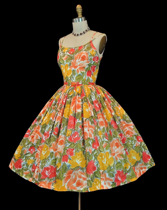 Vintage  Spaghetti Straps A-Line Formal Dresses，Sweet Floral Birthday Dresses, Sleeveless Homecoming Dresses EW068