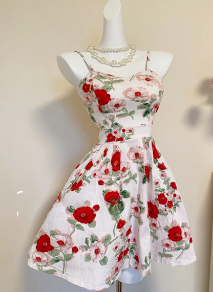 Vintage Spaghetti Straps A-Line Short Homecoming Dresses, Sleeveless Floral Birthday Dresses EW070