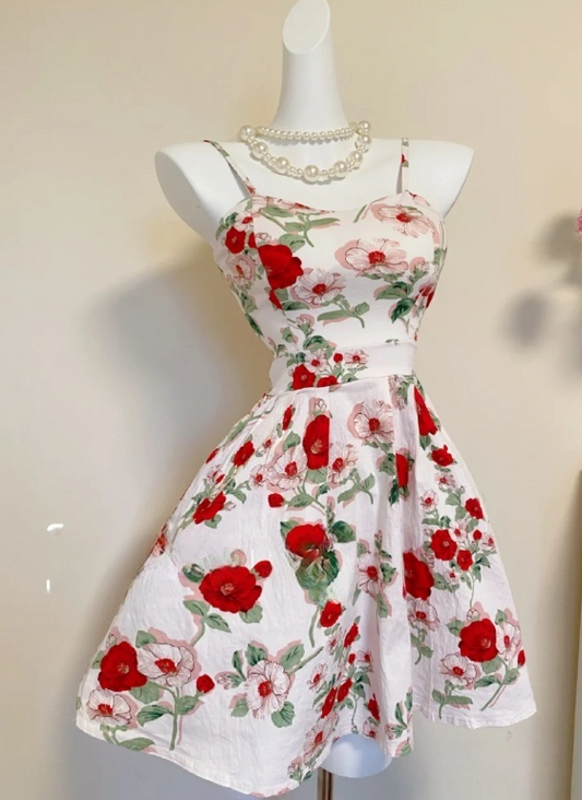 Vintage Spaghetti Straps A-Line Short Homecoming Dresses, Sleeveless Floral Birthday Dresses EW070