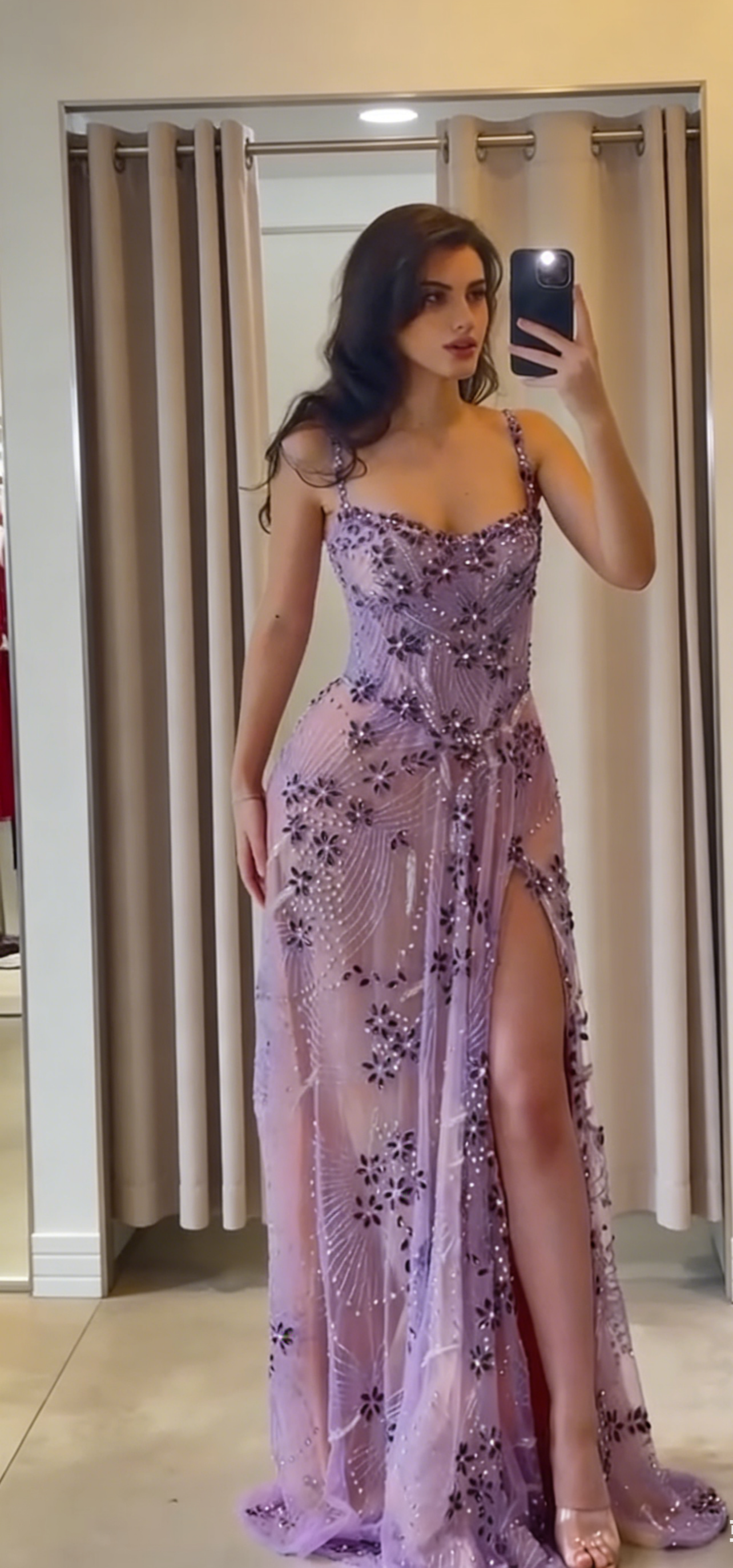Chic Purple Prom Dress Birthday Dress Straps Sheath Beaded Tulle Long Evening Dress With Slit EW0713