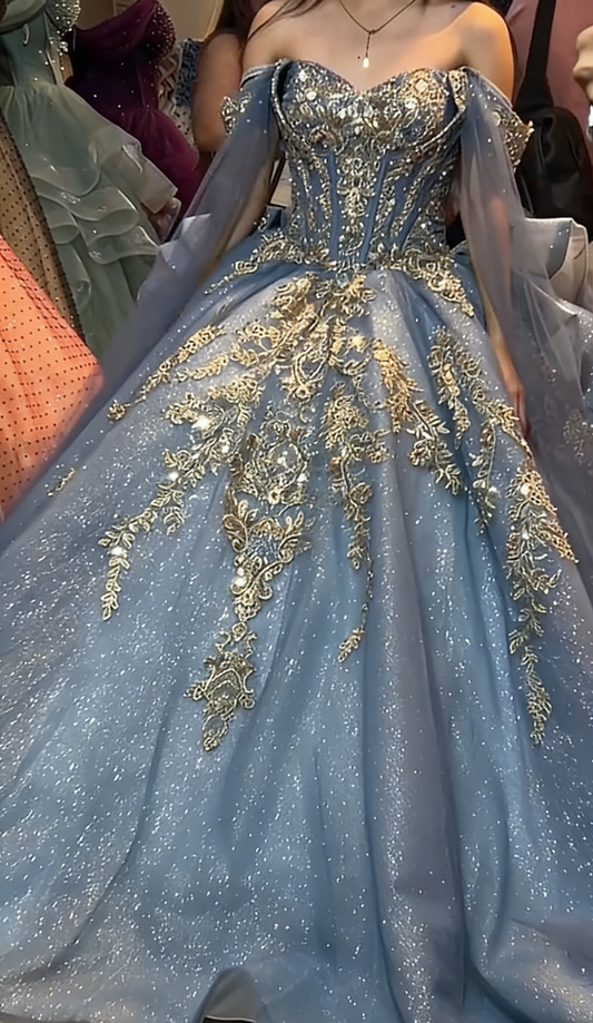 Gorgeous Blue Sweet 16 Dress Appliques Tulle Long Prom Dress Off-shoulder Ball Gown Quinceanera Dress EW07161