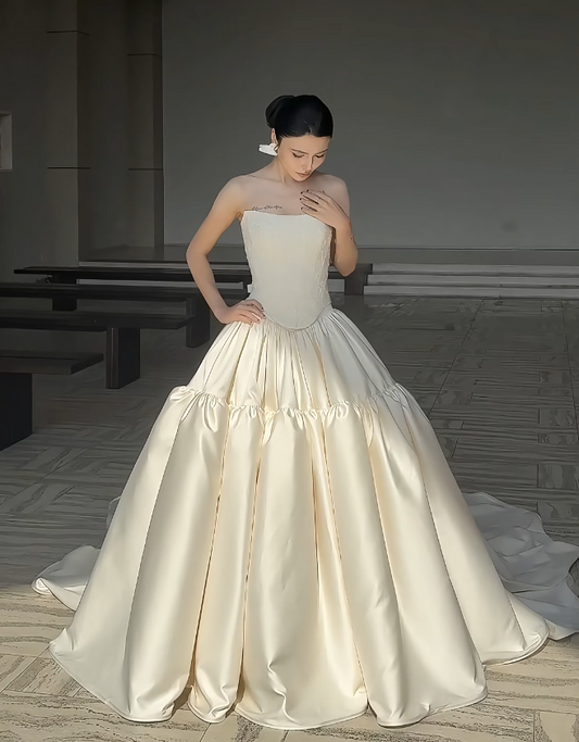 Simple Strapless Wedding Dress A-line Bridal Gown White Satin Bridal Dress EW07162
