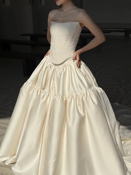 Simple Strapless Wedding Dress A-line Bridal Gown White Satin Bridal Dress EW07162