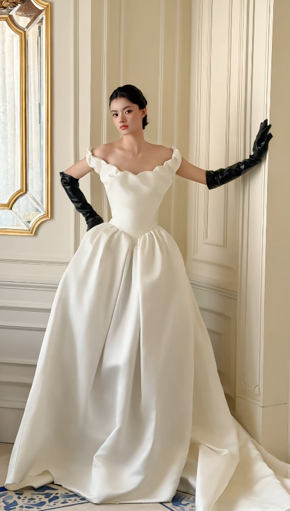 Timeless A-line Wedding Dress Off-shoulder Satin Bridal Gown White Bridal Dress EW07163