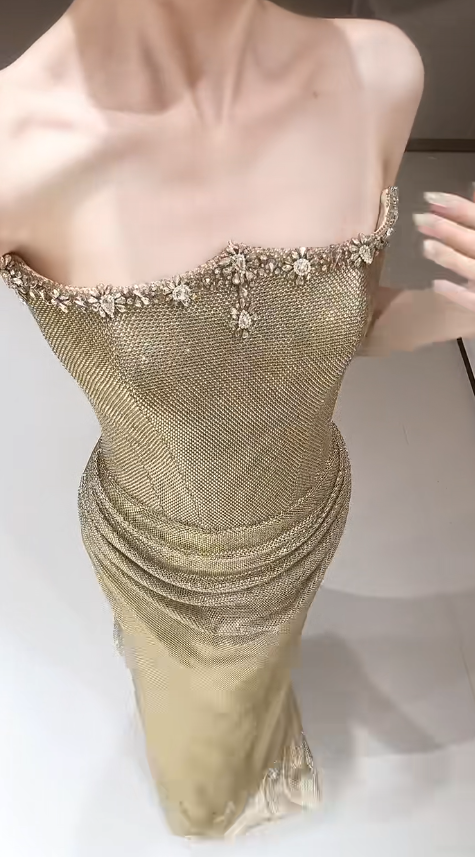 Elegantes Etui-Goldenes langes Abendkleid Trägerloses Tüll-Ballkleid EW07167