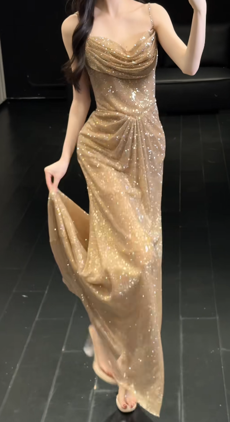 Robe de soirée longue fourreau dorée chic avec bretelles spaghetti en tulle pour bal de promo EW07168