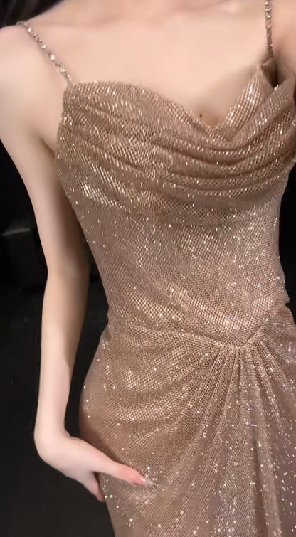 Robe de soirée longue fourreau dorée chic avec bretelles spaghetti en tulle pour bal de promo EW07168