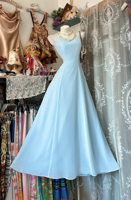 Chic A-Line Chiffon Long Evening Dress Spaghetti Straps Blue Prom Dress EW07174