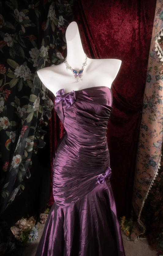 Chic Sheath Satin Long Evening Dress Strapless Purple Prom Dress EW07176