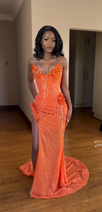 Chic Sheath Tulle Sequins Long Evening Dress Sweetheart Orange Prom Dress EW07178
