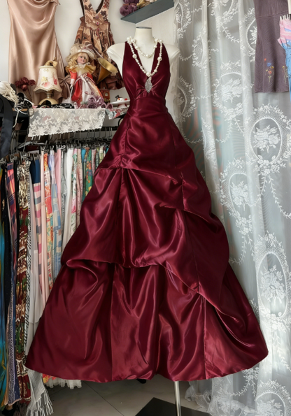 Robe de soirée longue trapèze chic en satin, licou, bordeaux, pour bal de promo EW07179