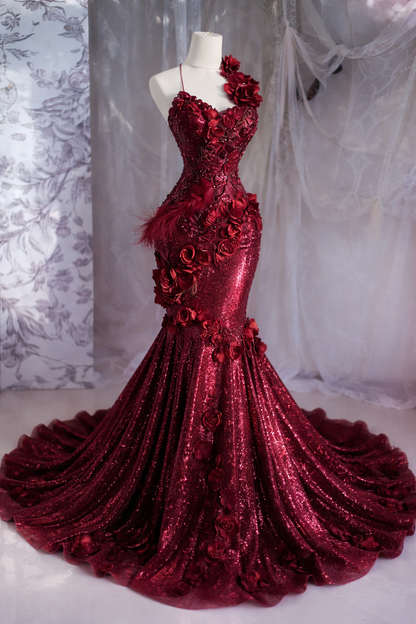 Robe de Soirée Longue Sirène Chic à Paillettes Nuque Halter Bourgogne Robe de Bal EW07180