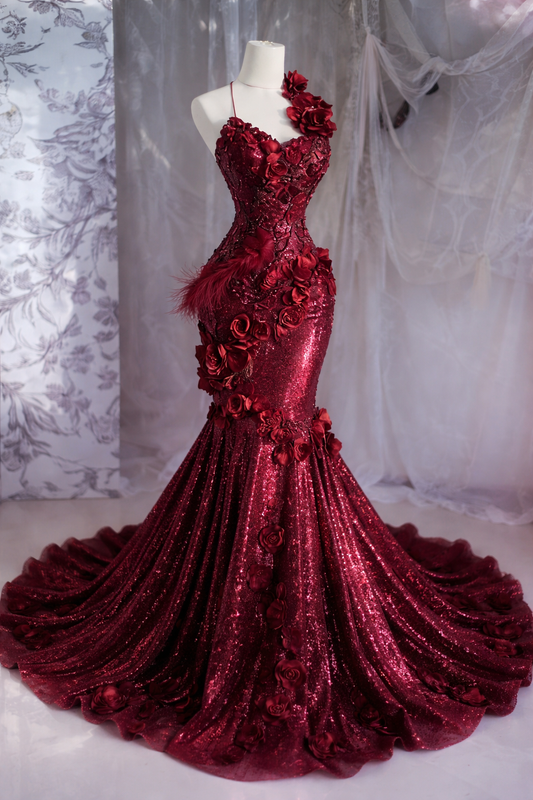 Chic Mermaid Sequins Long Evening Dress Halter Burgundy Prom Dress EW07180
