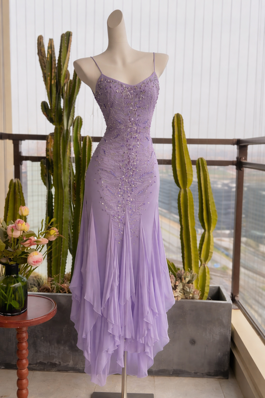 Chic Sheath Beaded Chiffon Long Evening Dress Spaghetti Straps Lavender Prom Dress EW07181
