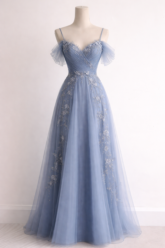 Chic A-Line Beaded Chiffon Long Evening Dress Spaghetti Straps Dusty Blue Prom Dress EW07182