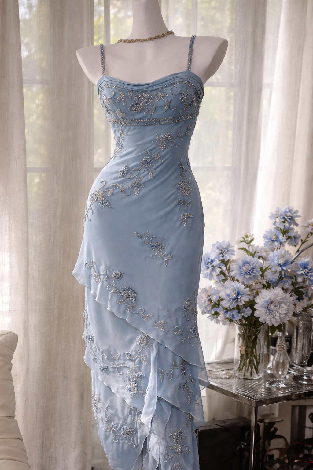 Robe de soirée longue en mousseline perlée fourreau chic, bretelles, robe de bal bleu poudré EW07184