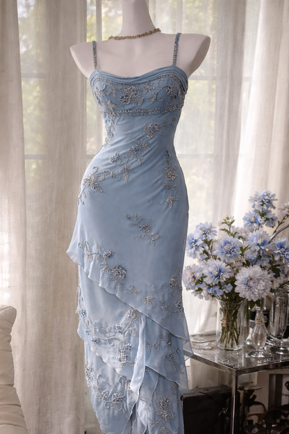 Robe de soirée longue en mousseline perlée fourreau chic, bretelles, robe de bal bleu poudré EW07184