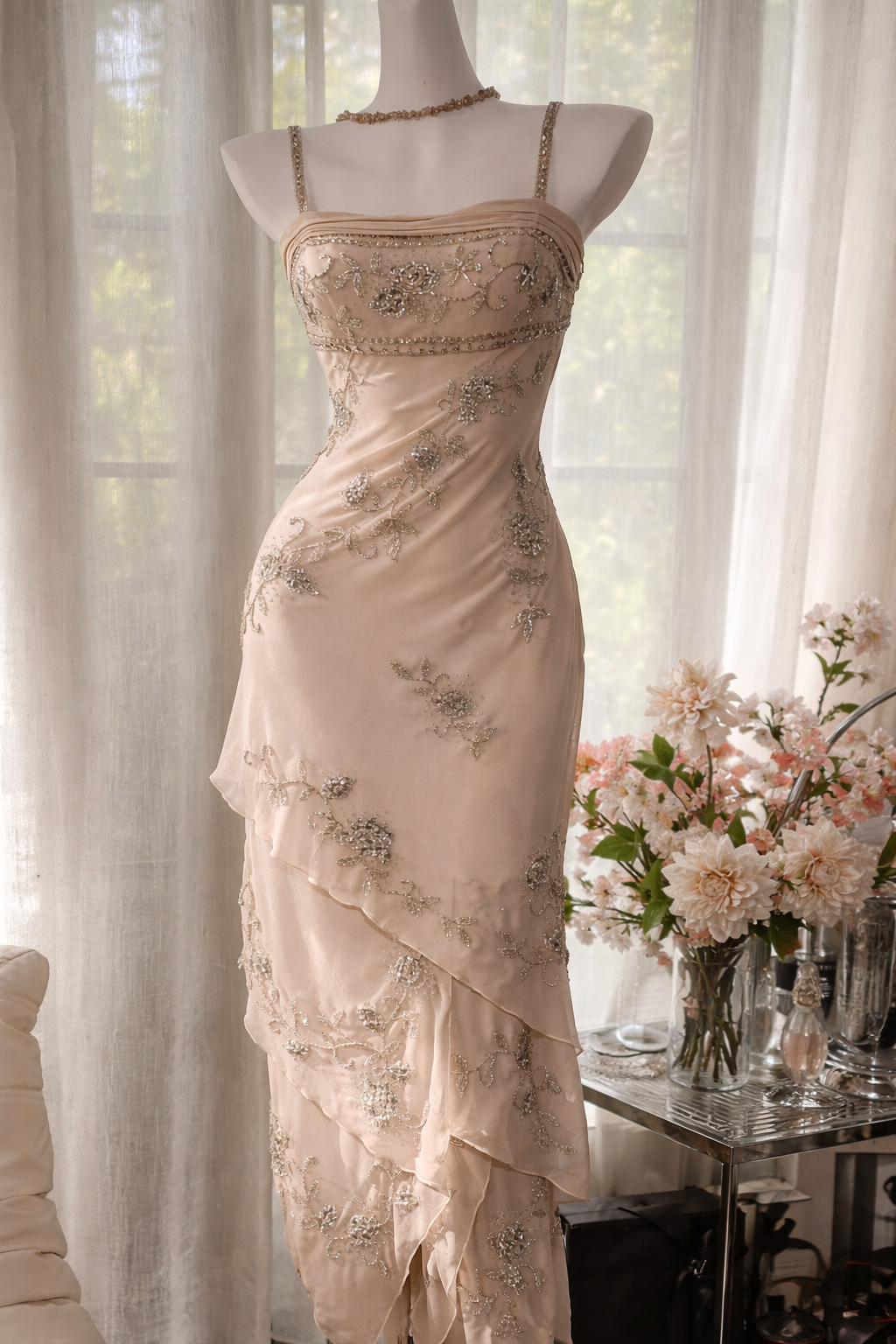 Robe de soirée longue en mousseline perlée fourreau chic, bretelles, robe de bal bleu poudré EW07184