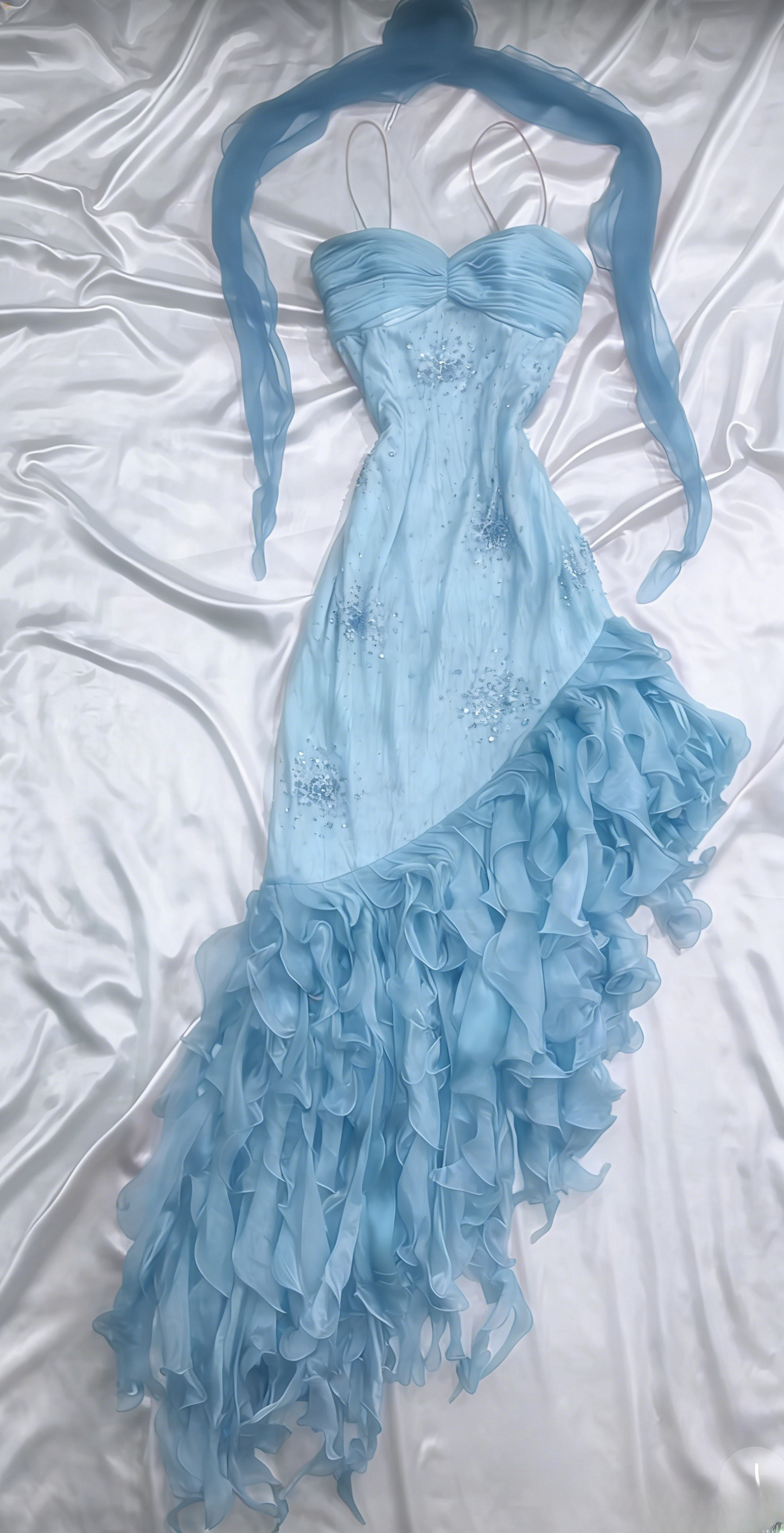 Chic Sheath Beaded Chiffon Long Evening Dress Spaghetti Straps Blue Prom Dress EW07185
