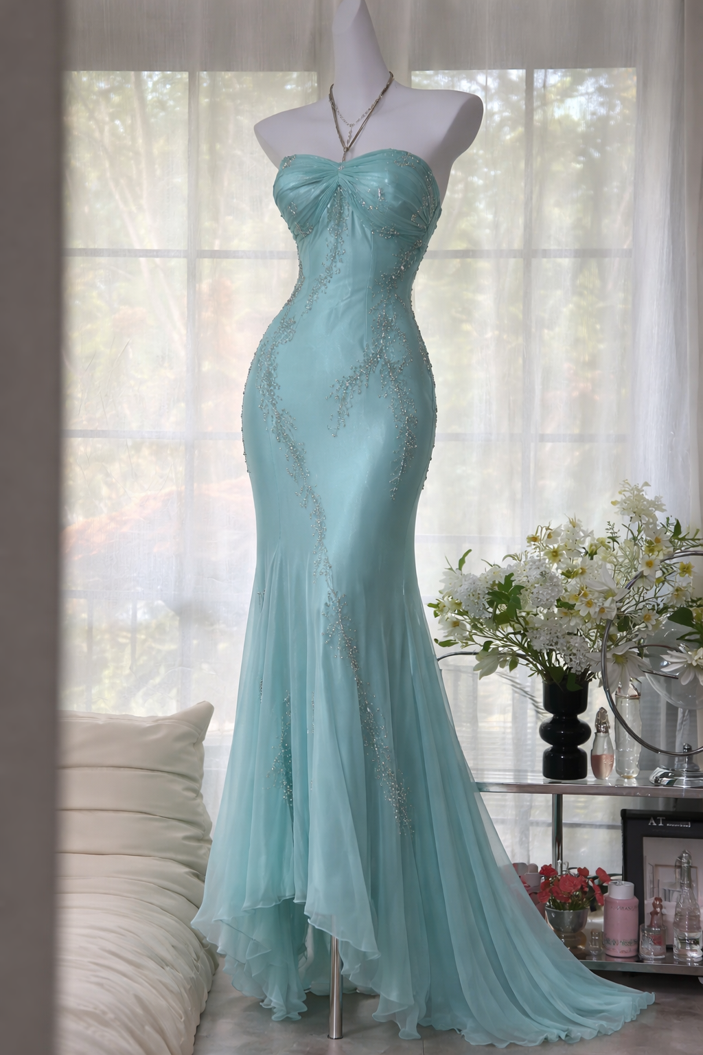 Chic Mermaid Beaded Chiffon Long Evening Dress Halter Tiffany Blue Prom Dress EW07186
