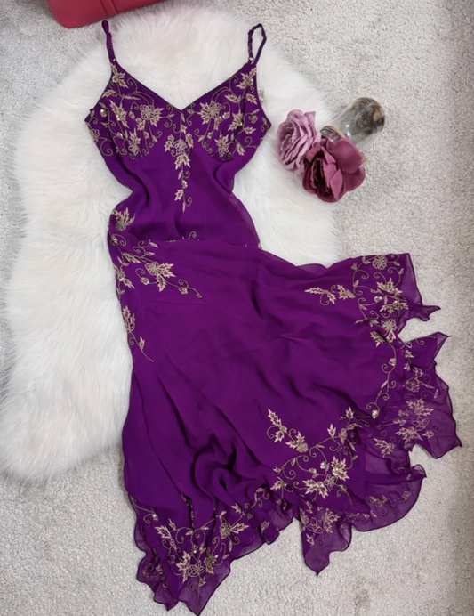 Chic Sheath Beaded Chiffon Evening Dress Spaghetti Straps Purple Prom Dress EW07187