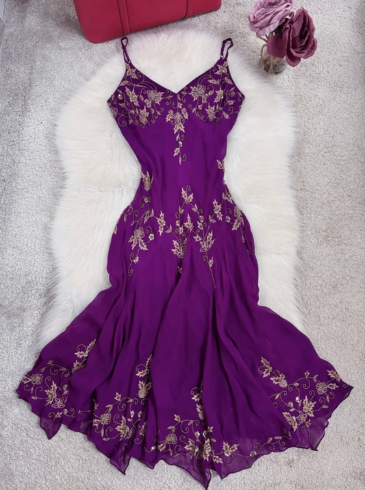 Chic Sheath Beaded Chiffon Evening Dress Spaghetti Straps Purple Prom Dress EW07187