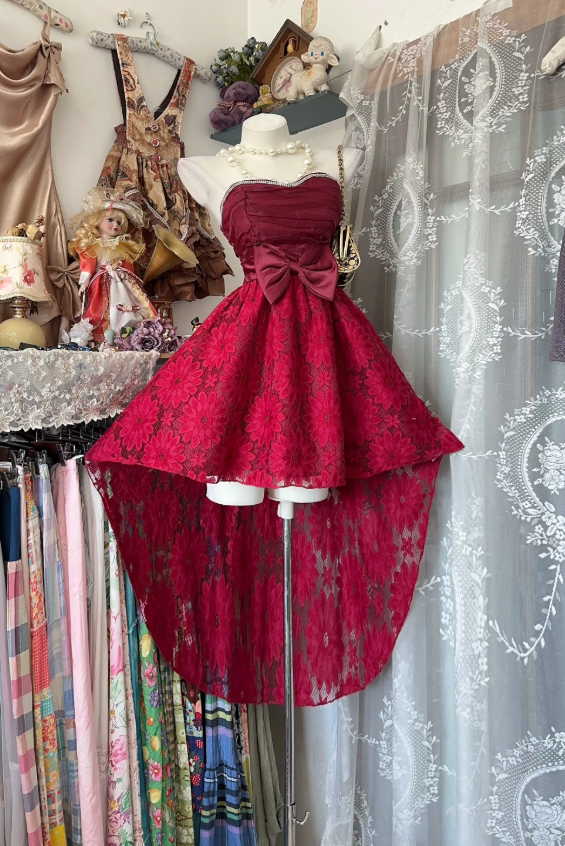 Niedliches A-Linien-Abendkleid, herzförmig, Spitze, Geburtstagskleid, burgunderrot, kurzes Ballkleid EW07188