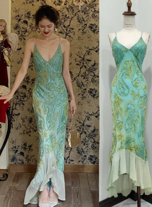 Vintage Spaghetti Straps Sheath Beaded Chiffon Long Prom Dresses🩵Gradient Blue Formal Evening Gowns EW071
