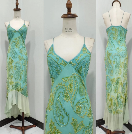 Vintage Spaghetti Straps Sheath Beaded Chiffon Long Prom Dresses🩵Gradient Blue Formal Evening Gowns EW071