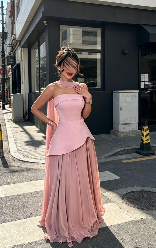 Elegant Pink Wedding Guest Dress Strapless Sheath Long Evening Dress Chiffon Formal Dress EW0723