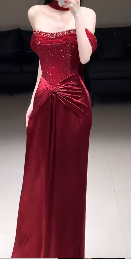 Chic Burgundy Prom Dress Off-shoulder Sheath Tulle Long Evening Dress  EW0724