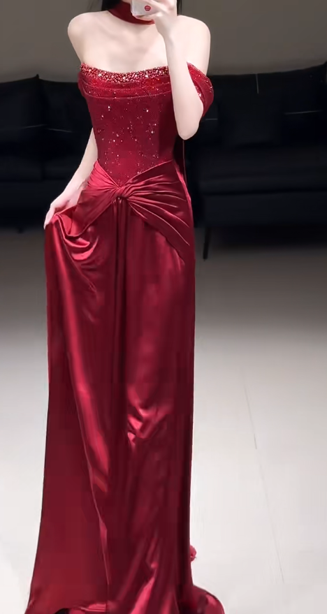 Elegantes burgunderrotes Ballkleid, schulterfrei, Etui-Stil, Tüll, langes Abendkleid EW0724